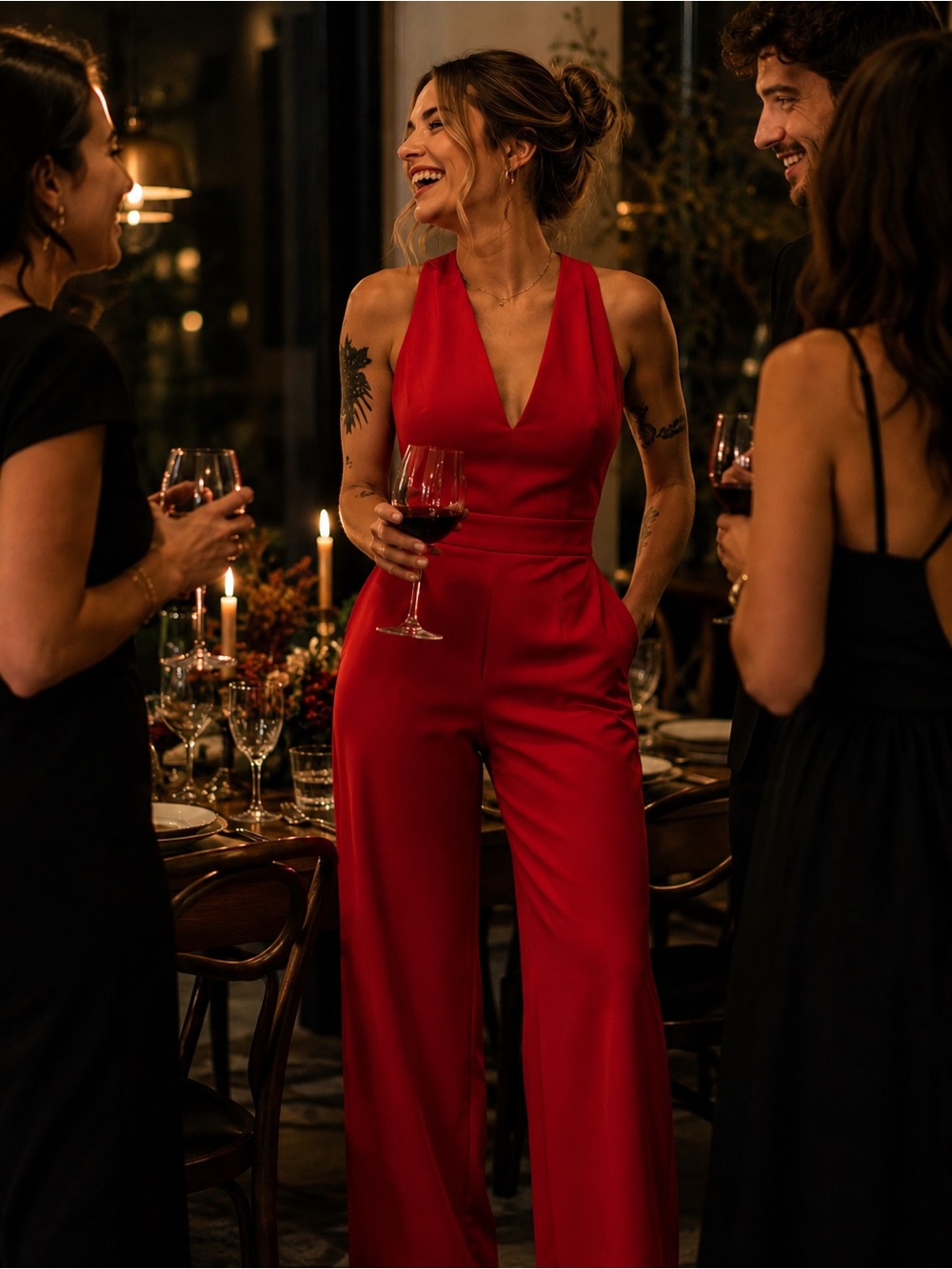 Elegant Red V-Neck Wide-Leg Jumpsuit